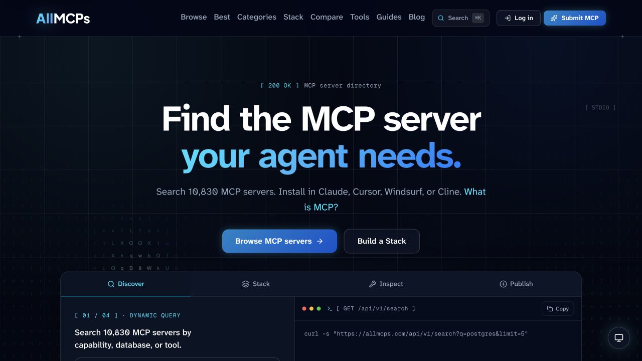 AllMCPs homepage with its MCP server search and browsing interface