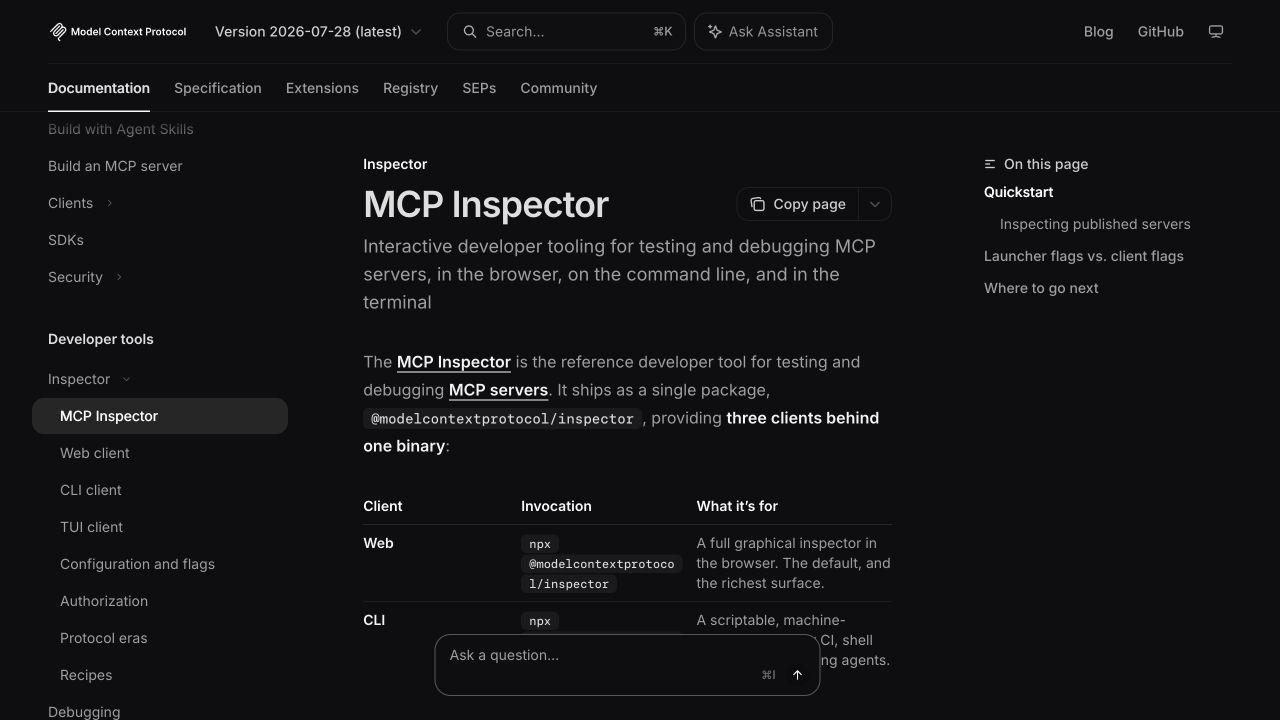 Official MCP Inspector documentation showing its web, command line, and terminal clients